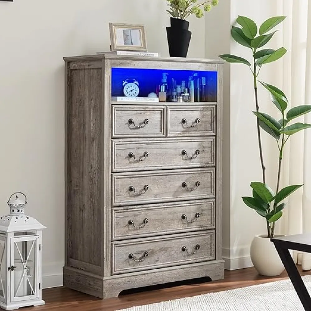 Dresser for Bedroom with Charging Station & LED Light,Tall Dresser & Chests of Drawers with 6 Drawers,Vintage Gray
