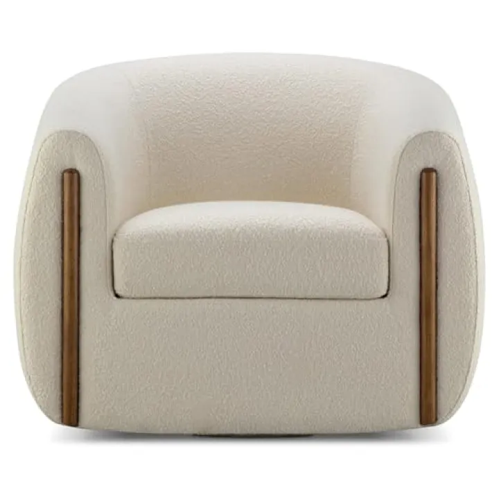 CHERS Aspen Swivel Accent Chair with Wood Accents, Bouclé Upholstered Armchair for Living Room, 360° Swivel Barrel Chair with High-Density Cozy Foam Cushioning, Modern Design, Beige