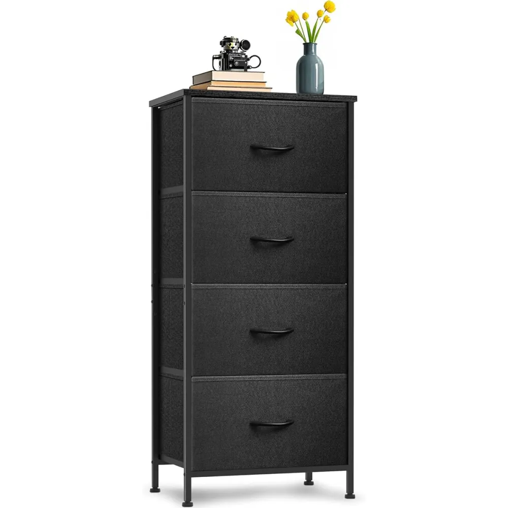 4 Fabric Drawer Dresser for Bedroom, Chest of Drawers with Waterproof Wood Top Tall Dresser for Hallway, Living Room, Kid Room (Black and Charcoal Black)