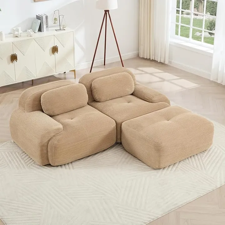 Cloud Sectional Couch Boneless L Shaped Couch, 81.8'' Modular Sectional Sofa with Ottoman, Modular Loveseat Sofa, 2 Seater Corduroy Deep Seat Couches for Living Room, No Assembly Couches, Camel