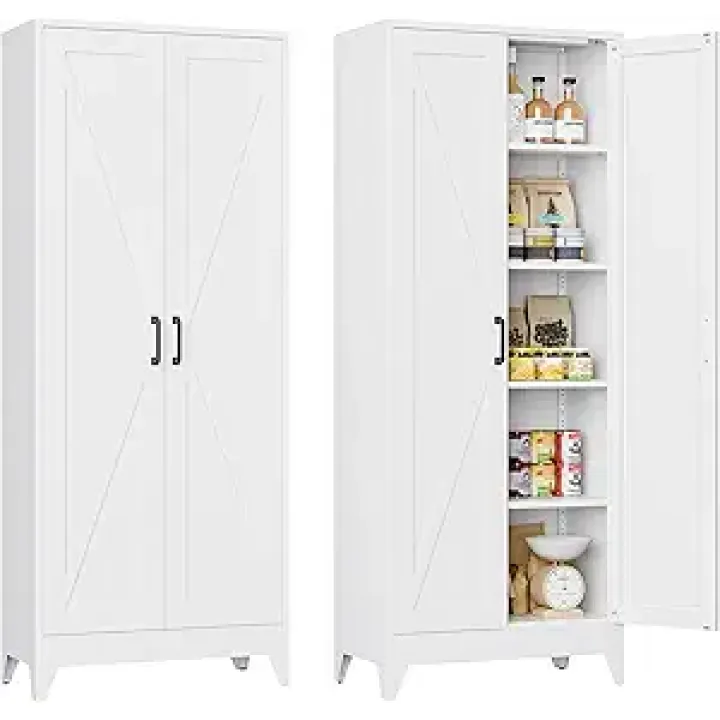 75'' H Kitchen Pantry Storage Cabinet with Farmhouse Doors and Adjustable Shelves, White Metal Storage Cabinet, Freestanding Tall Cupboard for Kitchen, Dining Room, Living Room, Utility Room