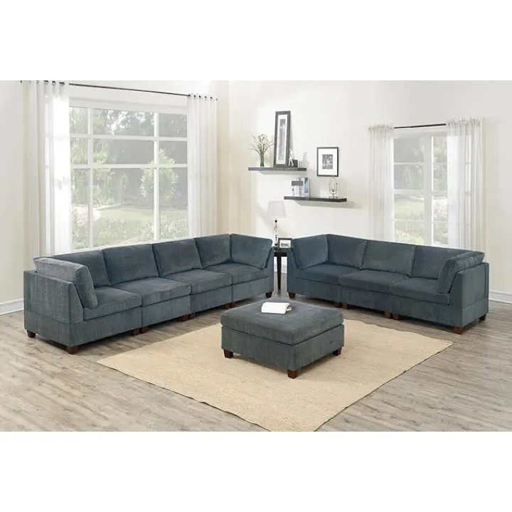 Grey Chenille Modular Sofa Set Loveseat Modern Couch Corner Wedge Armless Chairs and Ottoman Plywood