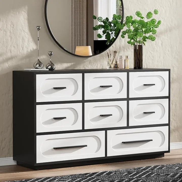 Modern 8 Drawer Dresser for Bedroom, 54" Wide Dressers & Chest of Drawers w/Solid Wood Handle, Wood Mid Century Closet Organizers and Storage Cabinet for Bedroom, Living Room, Hallway, Black/White