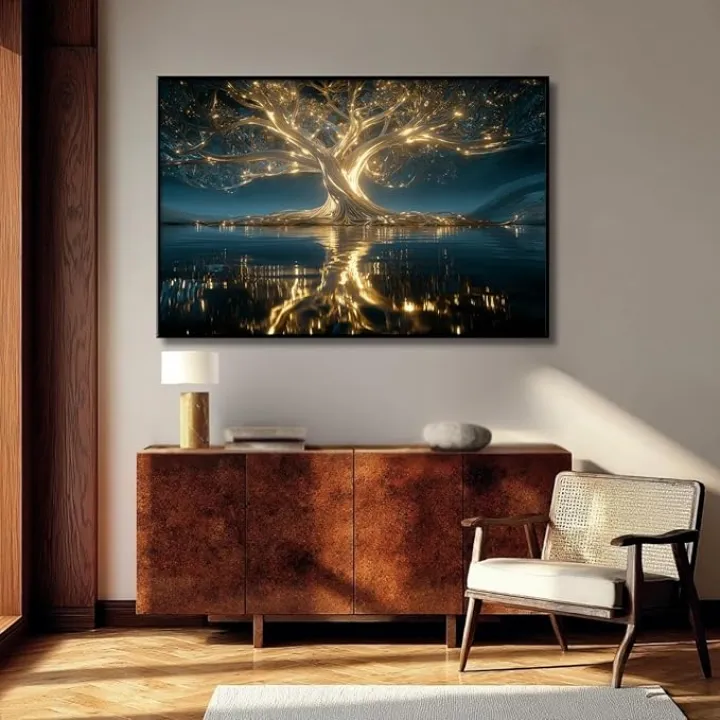 Black and Gold Tree of Life Wall Art, Abstract Tree Wall Art for Bathroom Bedroom Office Living room, Modern Bedroom Artwork (Black, 36W"x24L", Framed)