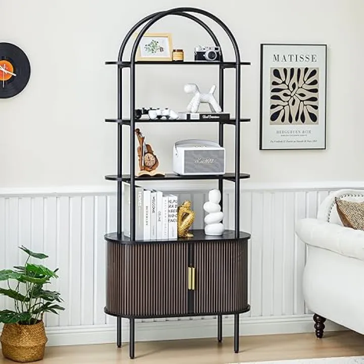Turtle&Myrtle Tall Arched Bookshelf, Mid Century Modern Fluted Bookcase Cabinet with Sliding Doors, Curved Metal Frame Bookcase, Industrial Storage Display Shelving for Living Room, Bedroom (Black)