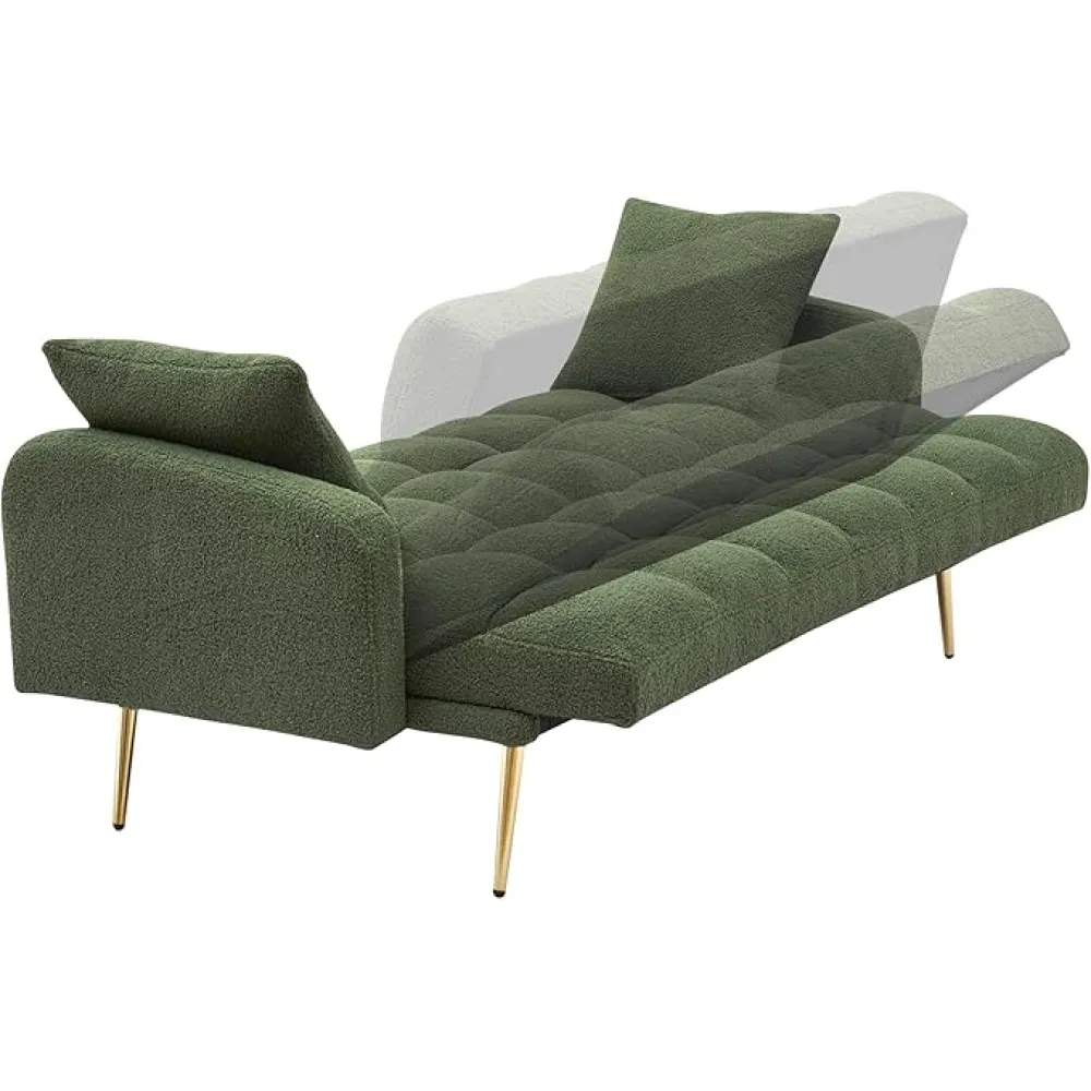 Futon Sofa Bed, Comfy Futon Couch Bed with Pillows, Teddy Fabric Convertible Sleeper Sofa with Adjustable Backrest & Armrests for Living Room, Bedroom, Apartment Green