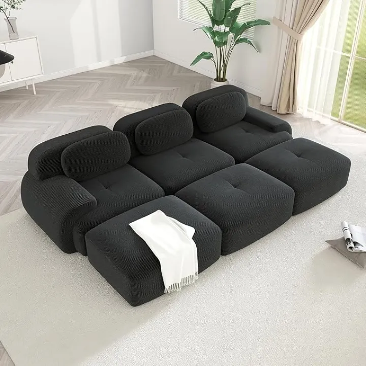 Modular Sectional Sofa Boneless Couch Corduroy Cloud Couch, Modern Deep Seat Comfy Sectional Couches for Living Room, Oversized 6 Seater Sofa for Bedroom Apartment - No Assembly(Black)