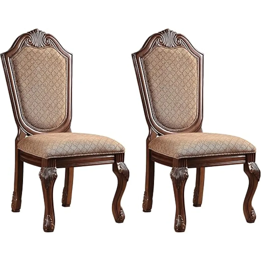 Beige and Cherry Solid Back Side Chairs with Queen Anne Legs, Traditional Design, Upholstered Foam Seat, Arched Backrest, Set of 2, 45.5 x 23.5 x 28.5 inches