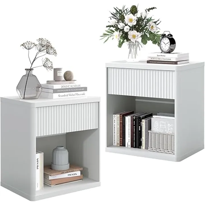 Nightstands Set of 2 with Drawer, Modern Fluted Night Stand Bed Side Table with Storage End Table, Large Wide Bedside Stand, Mid Century Night Stands for Bedroom Living Room, White Oak