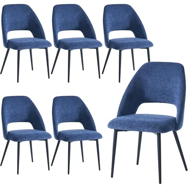 YOUNUOKE Dining Chairs Set of 6, Modern Blue Boucle Fabric Kitchen Side Chairs with Metal Legs for Living Room Bedroom, Accent Chairs for Guest Reception Waiting Area