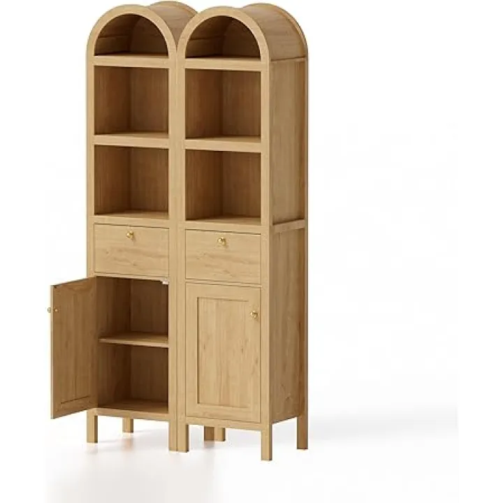 67" Tall Arched Bathroom Storage Cabinet Set of 2, 5 Tiers Kitchen Pantry Cabinet with 1 Door and 1 Drawer, Farmhouse Bookcase with 2 Adjustable Shelves for Bathroo, Kitchen, Natural Oak