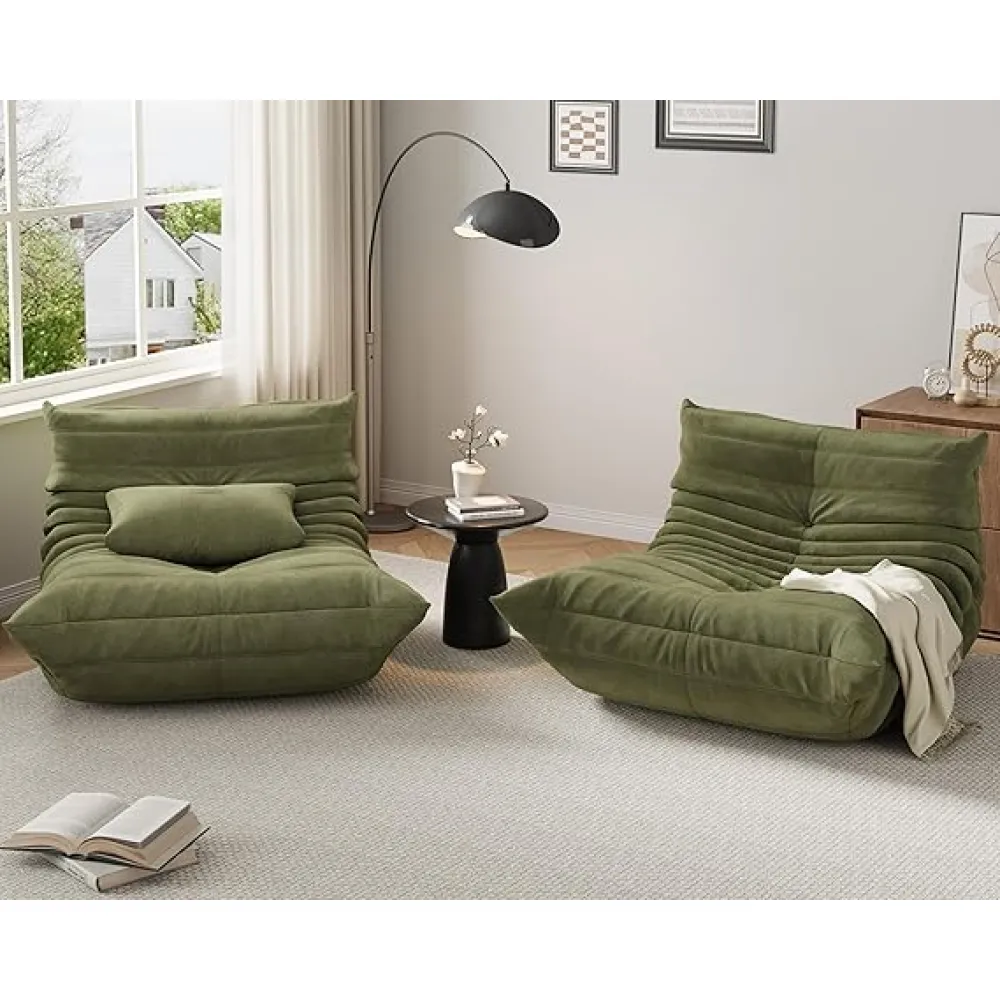 Bean Bag Chairs Set of 2 for Adults, Memory Foam Couch Single Sofa Chair with Suede-Like Fabric, Cozy Comfy Reading Nook Chairs, Floor Chair for Living Room Bedroom Office，Green