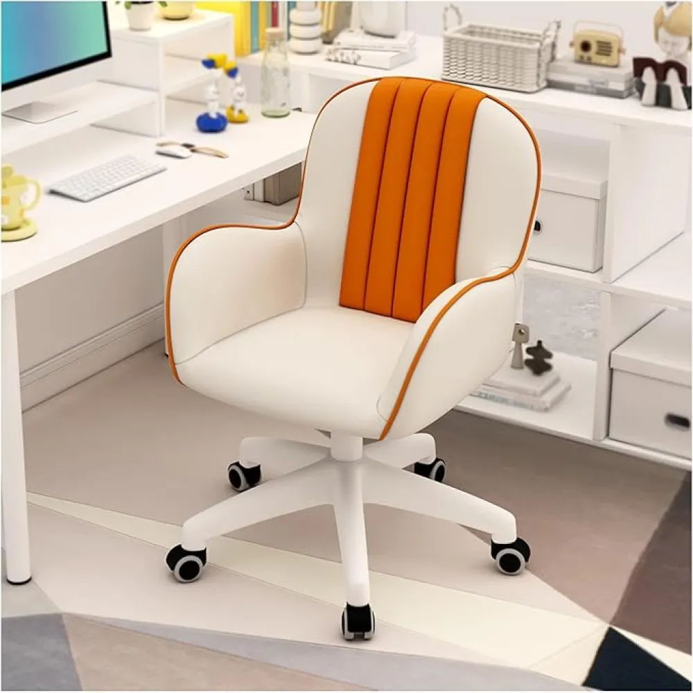 Swivel Home Office Desk Chair, PU Leather Upholstered Computer Task Chair, Height Adjustable Vanity Chair, Task Chairs, Reception Chair, Easy to Assemble,Off-White-Height 74-84CM