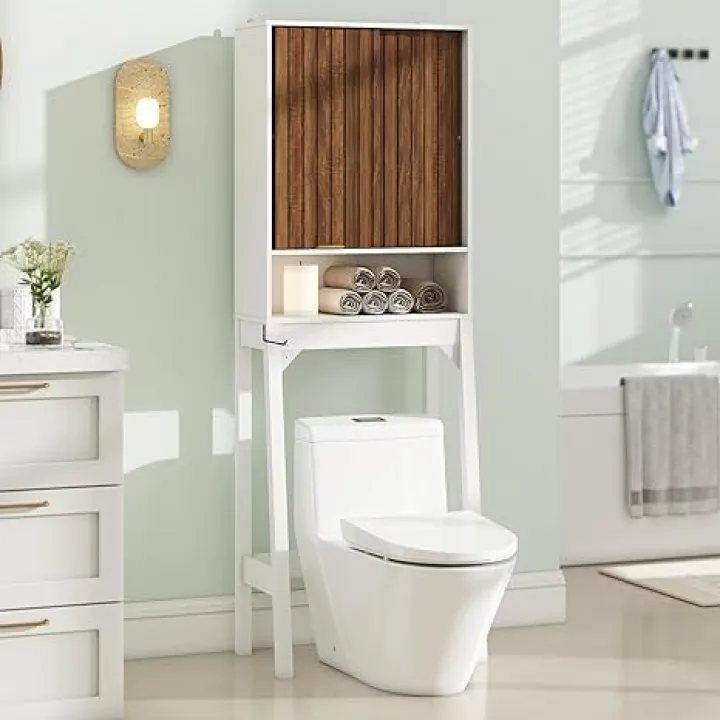 Over Toilet Storage Cabinet - 68" Over The Fridge Storage Organizer with Fluted Sliding Door, Bathroom Cabinet with Adjustable Shelf and Hooks, Walnut and White