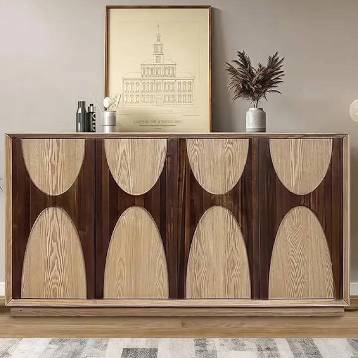 59" Sideboard Buffet Cabinet Retro Accent Storage Cabinet with Magnetic Door Latches Adjustable Shelf for Living Room Kitchen(Natural)