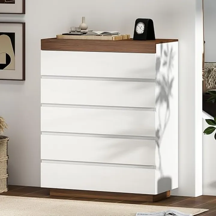 5 Drawer Wood Dresser for Bedroom, 43" Tall Chest of Drawers with White & Walnut Color Block Design, Modern Large Capacity Deep Drawer Organizer for Bedroom, Living Room, Hallway & Closet