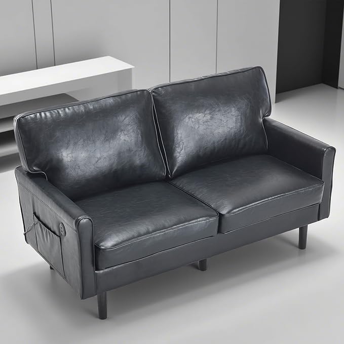49 Inch Loveseat Sofa,Black Modern Couch with USB Charging Port and Side Pockets,2 Seater Faux Leather loveseat for Office Living Room Bedroom