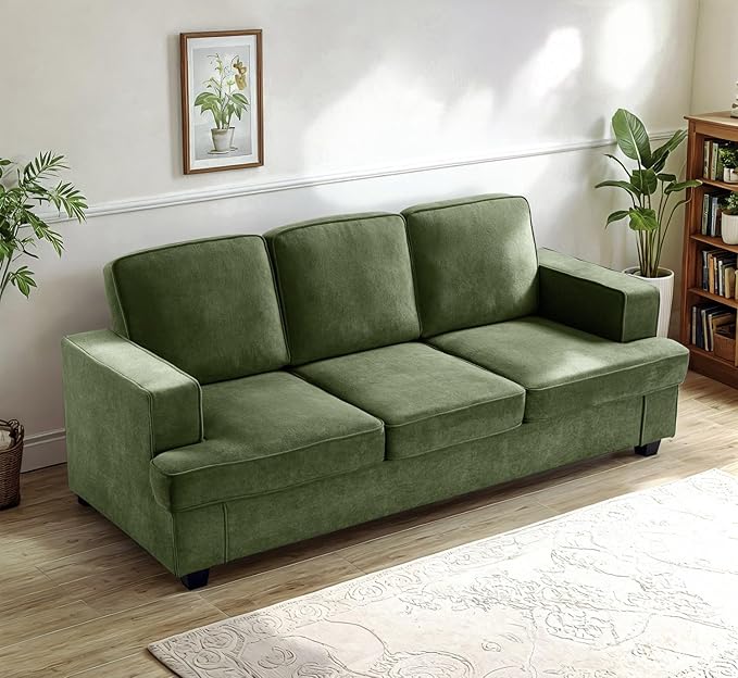 84" Modern Velvet 3 Seat Sofa with Deep Seating,Comfortable Straight-Row Sofa,Minimalist Style Arms Couch for Living Room,Office,Reception Area,Green