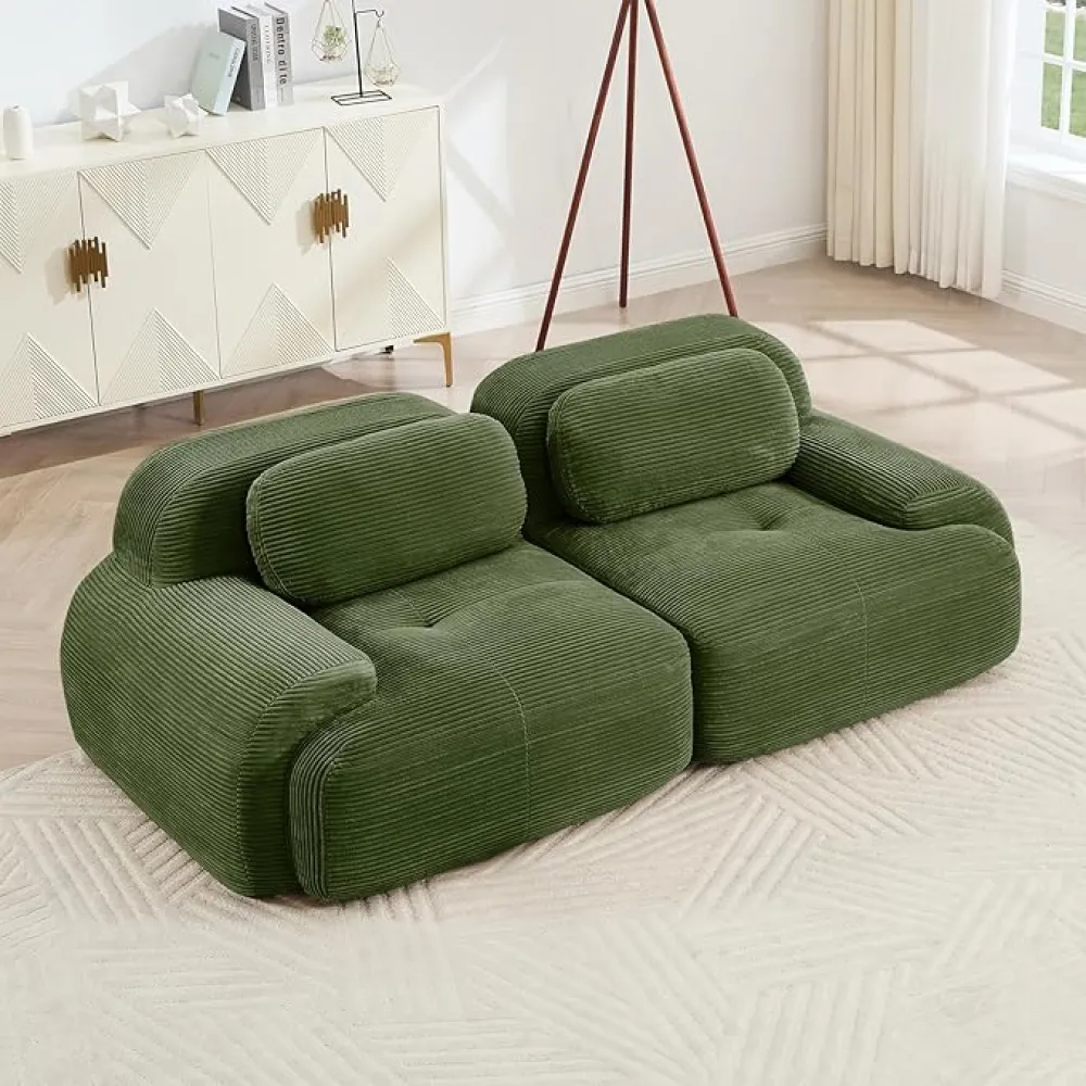 82" Modern Compressed Boneless Love Seat Couches, 2 Seater Large Sectional Couches for Living Room, Green Corduroy Cloud Modular Sectional Sofa, Memory Foam, Extra Deep Loveseat, No Assembly
