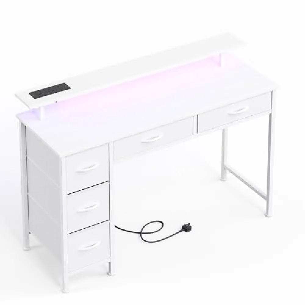 MUTUN Scrivania per computer da 120 cm con 5 cassetti in tessuto, scrivania per casa e ufficio con supporto per monitor, scrivania da gioco con luci a LED e prese di corrente, scrivania con porta di
