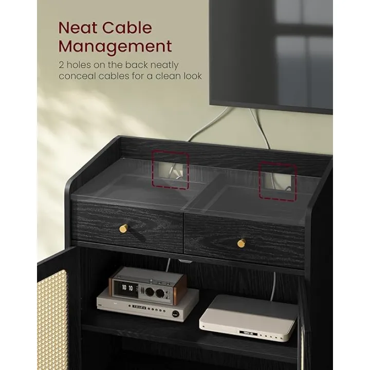 VASAGLE BOHOVEN Collection - Buffet Cabinet, Sideboard Storage Cabinet with Rattan-Like Doors and Drawers, Accent Cabinet, Adjustable Shelf, Boho Style, for Living Room, Ebony Black