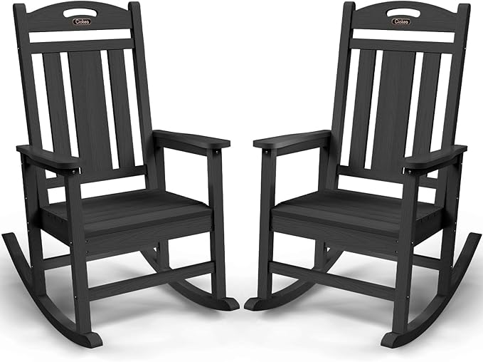 Outdoor Rocking Chair Set of 2, All-Weather HDPE Oversized Patio Rocking Chairs for Adults, 380lbs Weight Capacity, ErgonomicDesign for Porch, Backyard, Balcony, Black