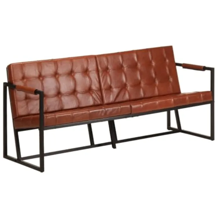 Kaloriko 3-Seater Industrial Sofa, Brown Goat Leather, Powder-Coated Steel Frame, Vintage Style Couch for Living Room