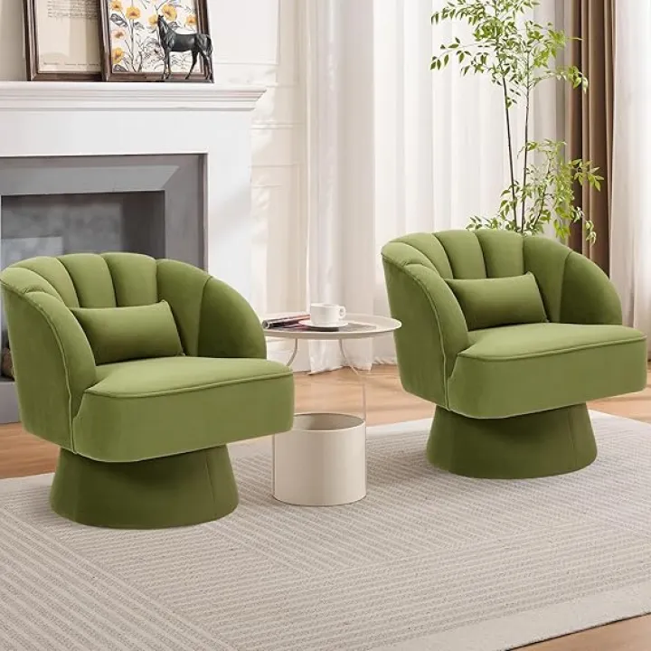 GarveeHome Modern Swivel Barrel Accent Chair, 360 Degree Velvet Upholstered Armchair with Striped Backrest & Plush Padding, Comfy Round Lounge Chair for Living Room, Bedroom, Reading Nook, Green