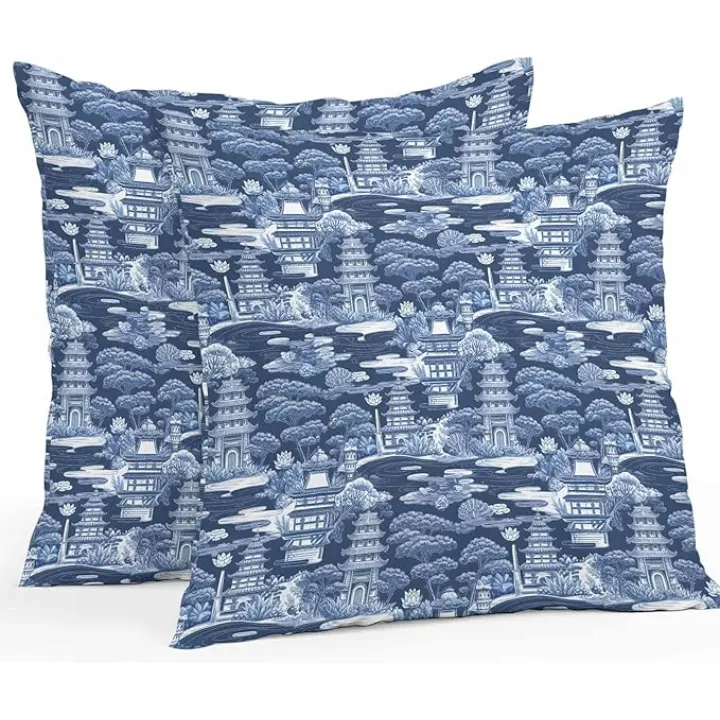 Navy Blue Garden Waterproof Outdoor Pillow Covers Set of 2, Decorative Throw Pillow Covers 18x18 Inch Modern Art Building Trees Landscape Square Pillowcases Cushion Case for Couch Patio Chair Sofa