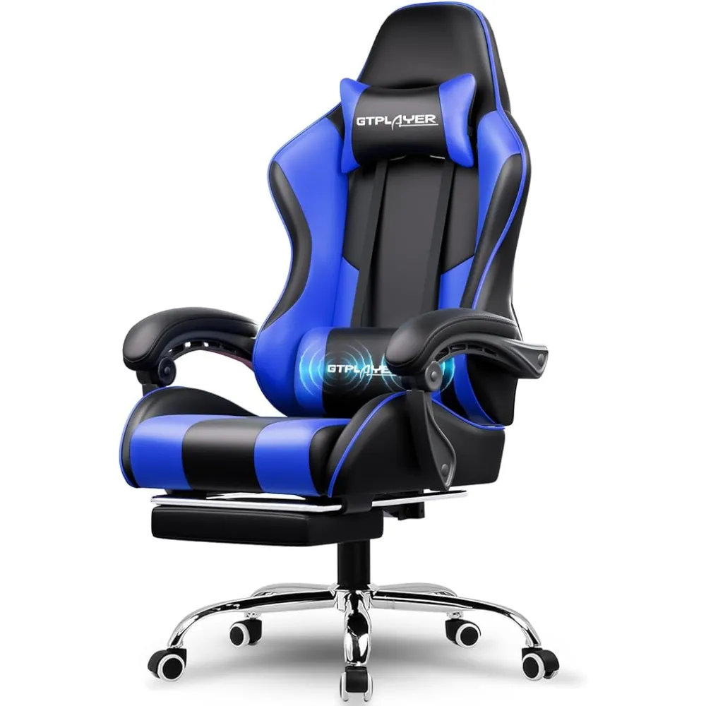 GTPLAYER Gaming Chair, Computer Chair with Footrest and Lumbar Support, Height Adjustable Game Chair with 360°-Swivel Seat and Headrest and for Office or Gaming (Faux Leather, Blue)
