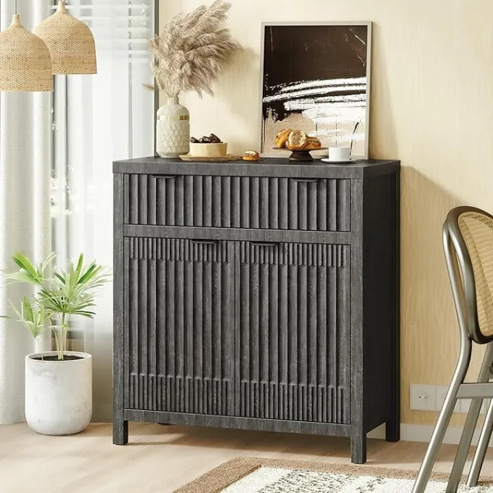 32" Wide Fluted Buffet Cabinet, Kitchen Accent Storage Cabinets with Drawer and Adjustable Shelf, Modern Small Sideboard Console Coffee Bar Cabinet for Entryway Living Room,Black