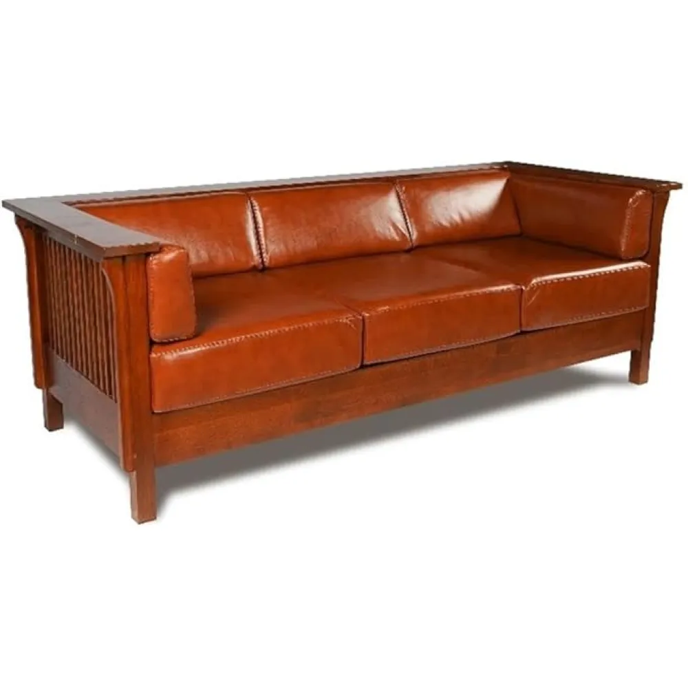 Pemberly Row Mission/Craftsman Cubic Slat Side Sofa - Russet Brown Leather