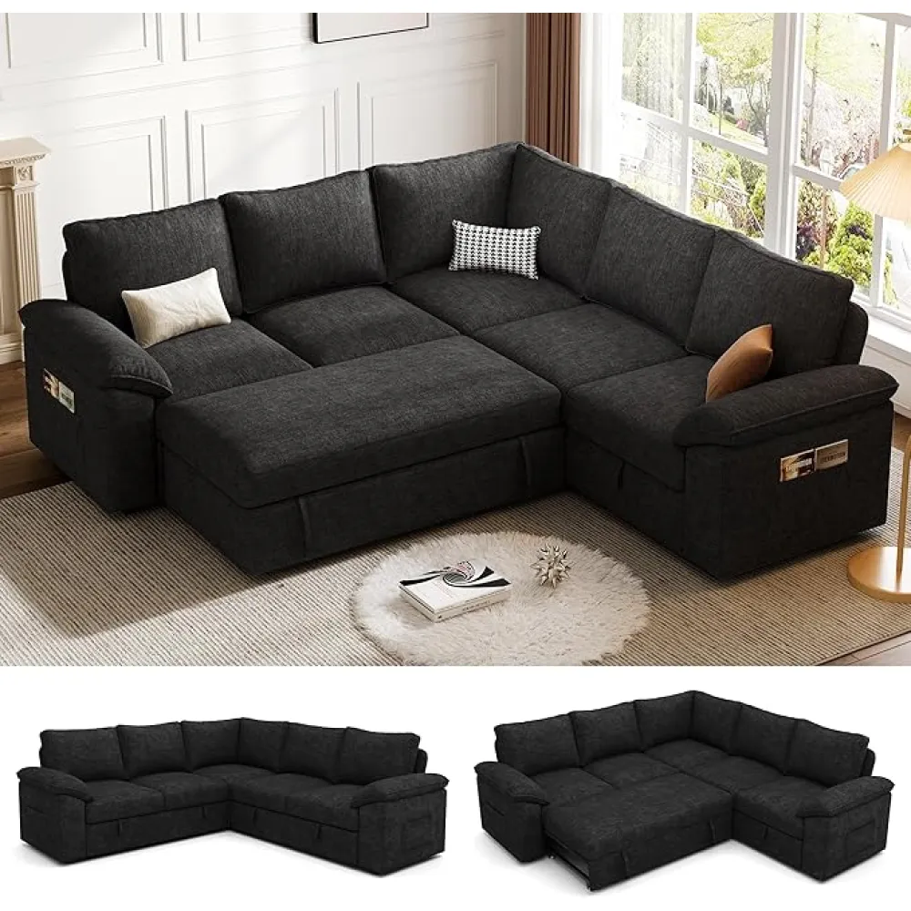 108 Inch Modular Sectional Sofa with Pull Out Bed, U Shaped 7 Seat Sectional Sleeper Sofa with Storage, Sectional Couches for Living Room, Cloud Modular Couch, Removable Sofa Cover, Beige