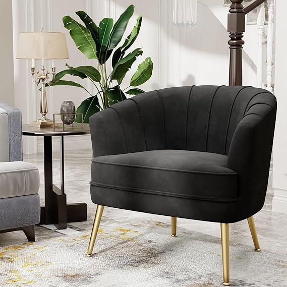 Andeworld Velvet Accent Chair Set of 2, Upholstered Modern Single Sofa Side Chair,Comfy Barrel Club Living Room Armchair with Golden Metal Legs for Bedroom Living Reading Room Office, Black