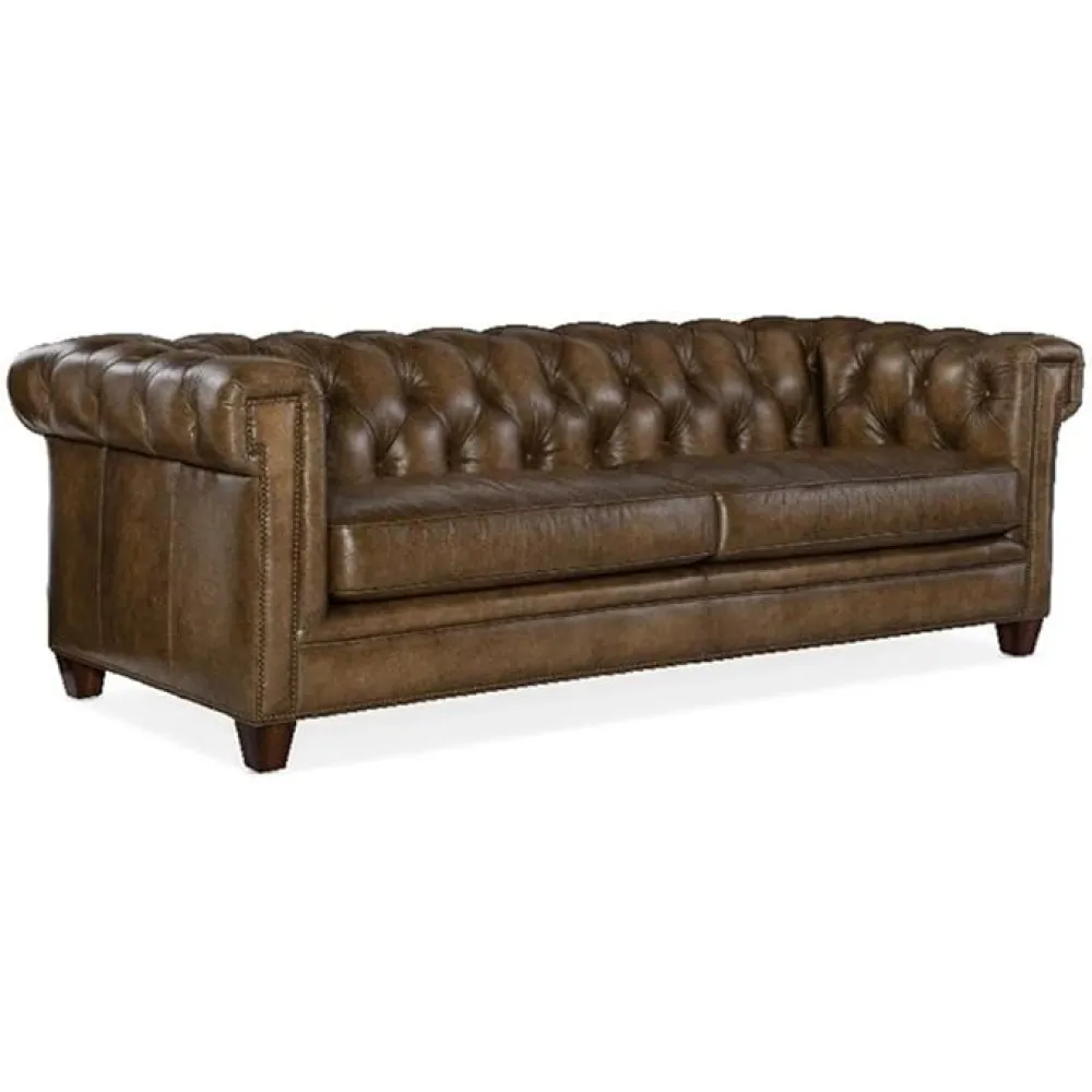 Pemberly Row Contemporary Tufted Stationary Sofa in Brown Leather