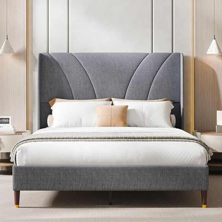 Cozy Castle Queen Bed Frame with 51.2" Tall Curved Wingback Headboard, Linen Upholstered Platform Bed, Soft Fabric/Noise-Free/Wooden Slats Support/No Box Spring Needed/Easy Assembly, Gray