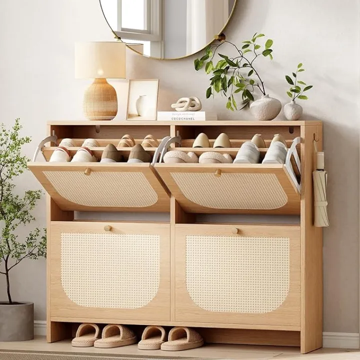 Nicetree Shoe Cabinet Storage for Entryway, Farmhouse Slim Shoe Organizers with 4 Flip Drawers, Freestanding Large Shoe Rack with 3-Tier Adjustable Shelves for Hallway,Foyer, Rustic (Wood)