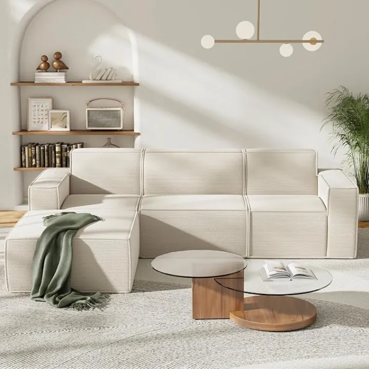 Cozy Castle 106" Modular Sectional Sofa 3 Deep Seat Set L-Shape Cloud Sofa Couch with Ottoman Chaise Upholstered Couches for Living Room Bedroom Corduroy Fabric - Beige