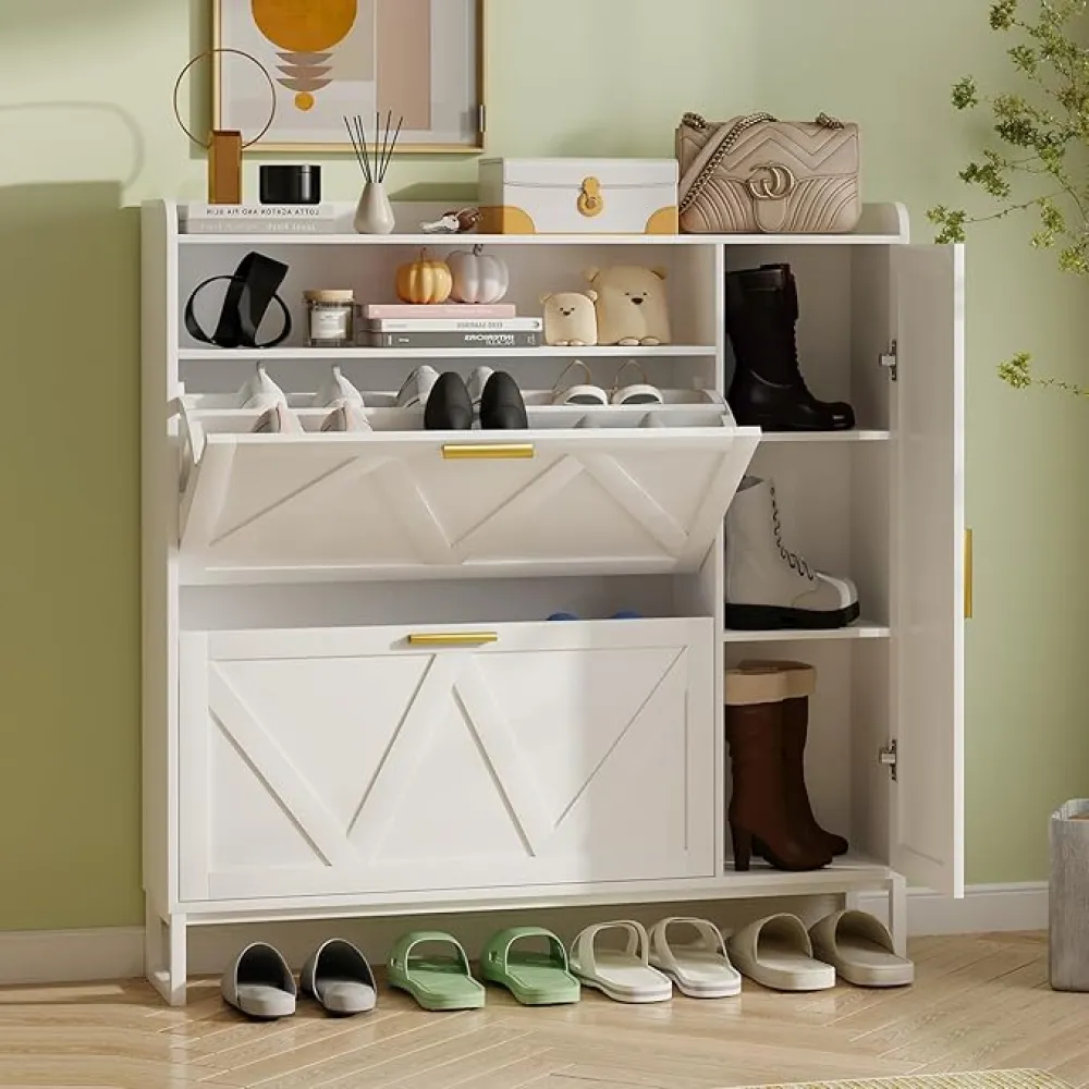 White Shoe Cabinet with 2 Flip Drawers Door, 43"W Hidden Shoe Organizer Cabinet Storage for Entryway, Closet, Boot, Adjustable Shelves, Narrow Shoe Rack Freestanding Cupboard, At Least 20 Pair