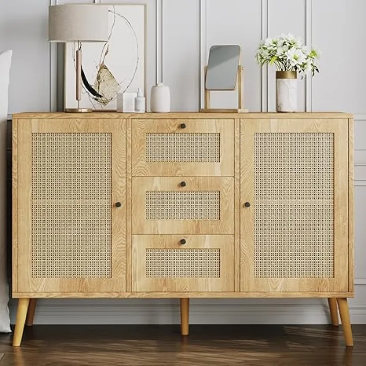 Oak Rattan Storage Cabinet, 2 Door 3 Drawer, Boho Buffet Sideboard with Storage Adjustable Shelf, Elegant Entryway Table for Modern Home Decor Set 2