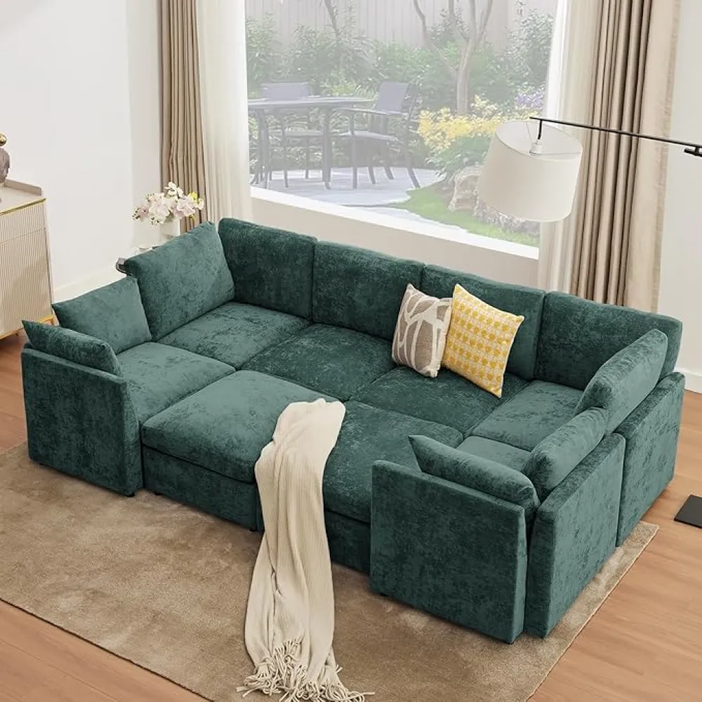 Tbfit U Shaped Couch 8 Seat, Sectional Sofa for Living Room,Chenille Cloud Couch with Ottoman, Green