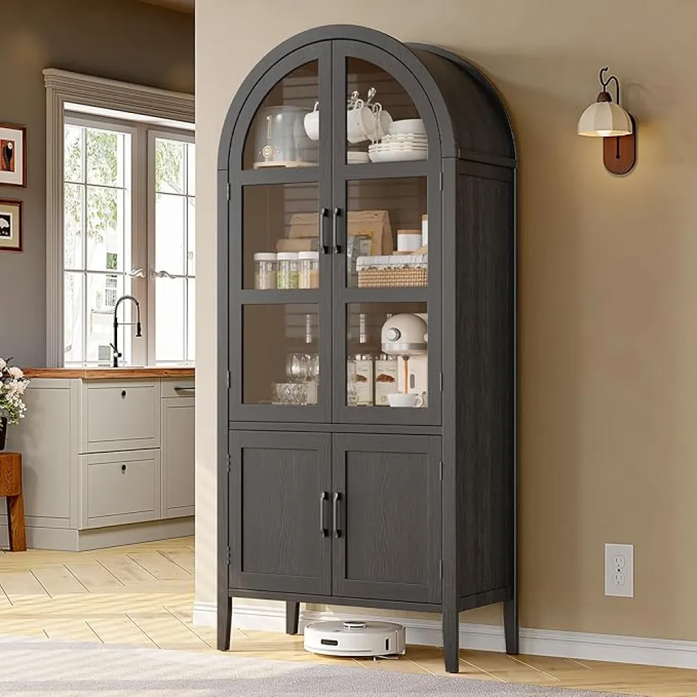71" Tall Arched Cabinet, 5-Tier Arched Kitchen Pantry with Glass Doors & Shelves, Modern Display Arch Cabinet with Adjustable Feet, Wooden Pantry for Living Room, Dining Room (Black)