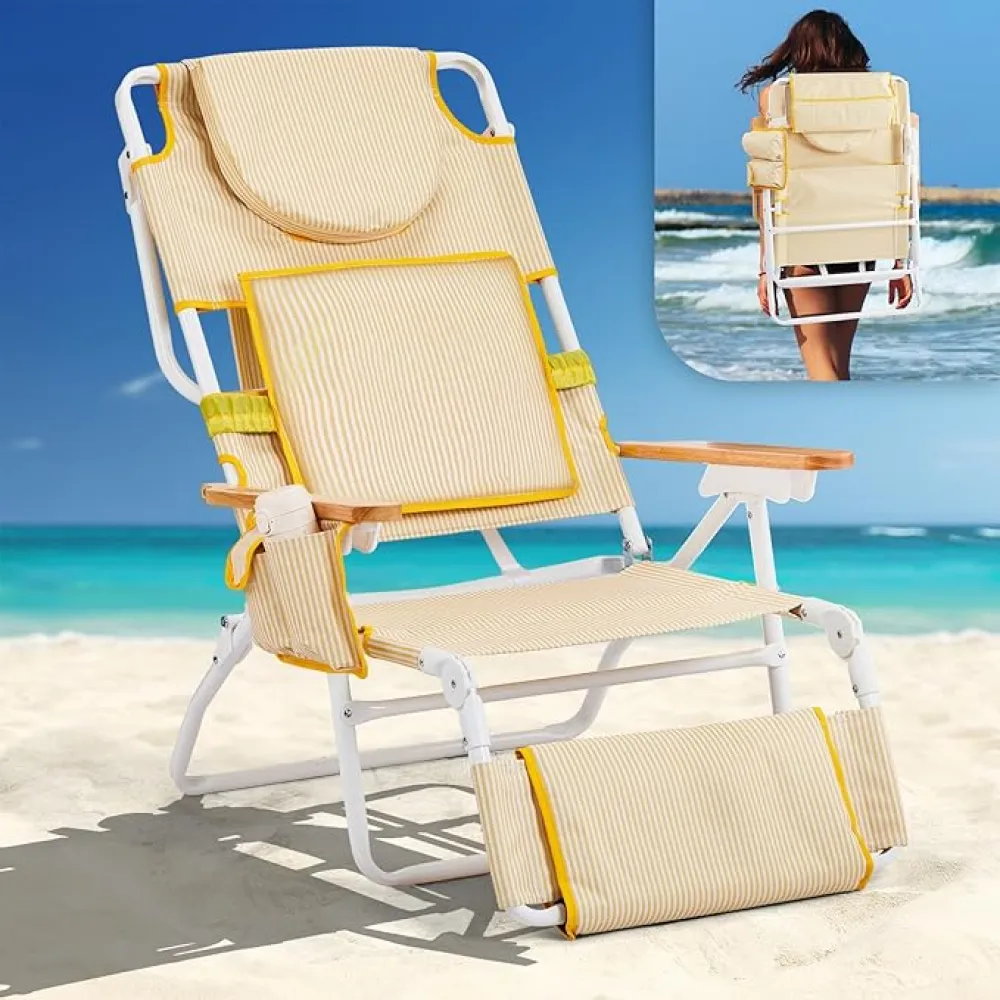 VINGLI Deluxe 3 in1 Beach Chair, Tanning Chair with Face Hole, Reclining Lounge with Foot Rest, Cup Holder and Storage Bag，Beach Lounge for Outdoor-Yellow