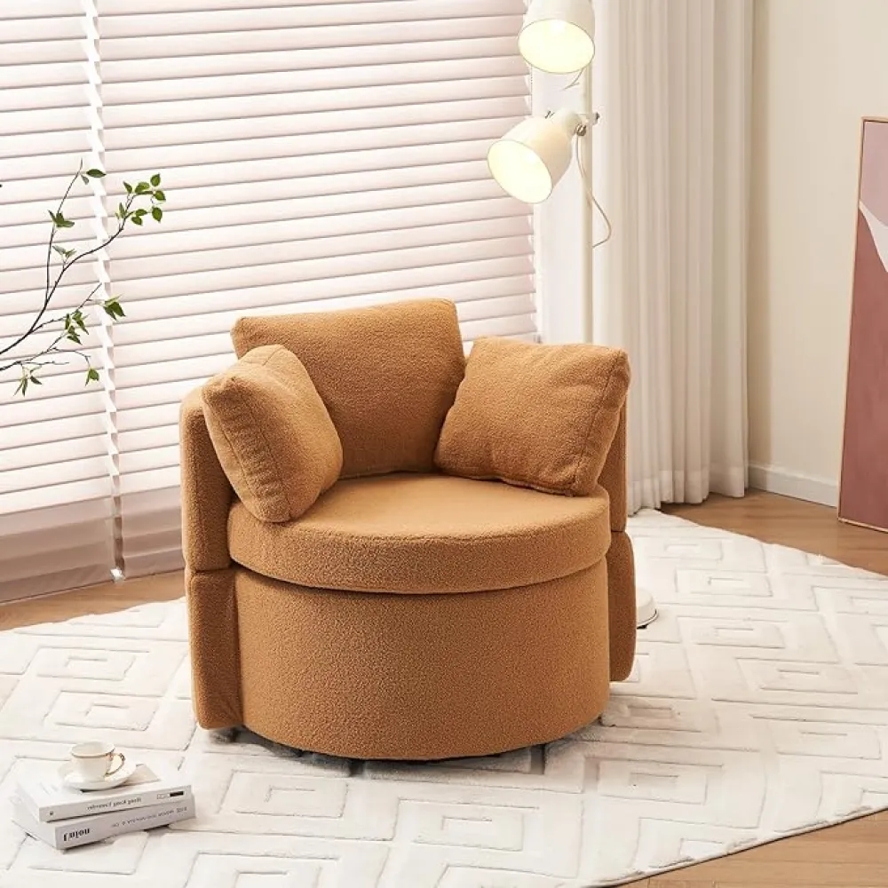 360° Swivel Accent Chair with Hidden Storage, Teddy Fabric Barrel Armchair with 3 Pillows, Upholstered Lounge Reading Chair, Round Base Single Sofa for Living Room, Bedroom, Office (Khaki)