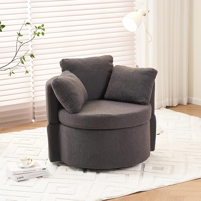 360° Swivel Accent Chair with Hidden Storage, Teddy Fabric Barrel Armchair with 3 Pillows, Upholstered Lounge Reading Chair, Round Base Single Sofa for Living Room, Bedroom, Office (Dark Gray)