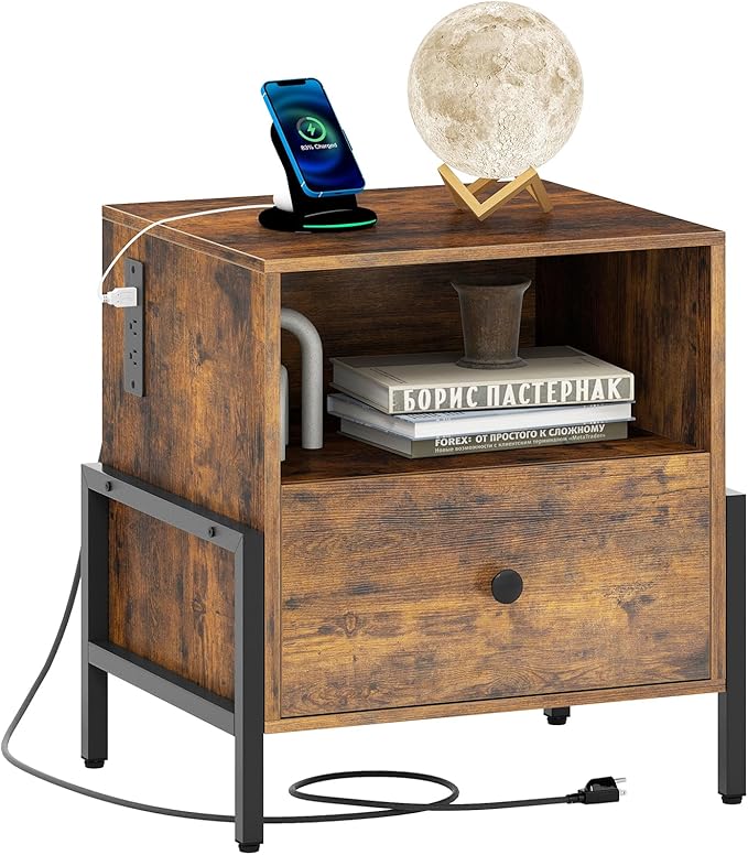 Giantex Nightstand with Charging Station, Industrial End Table with Storage Drawer & Open Compartment, Wood Sofa Side Table with USB Port and Outlets, Bedside Table for Bedroom, Rustic Brown