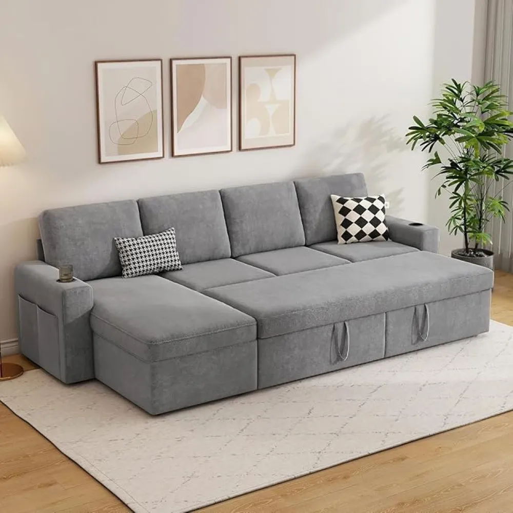 wanan 103" Sleeper Sofa, L-Shaped Sectional Sofa Bed with Storage Chaise, Toolless Assembly, Reversible 2 in 1 Pull Out Couch with Cup Holders and Side Pockets for Living Room (Wool Blend, Grey)