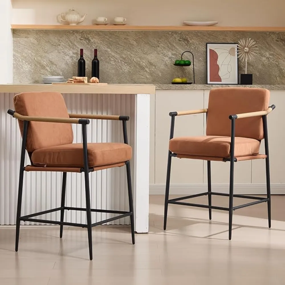 LukeAlon Linen Counter Height Bar Stools Set of 2, Upholstered 26" Seat Height Mid Century Modern Barstools with Wood Armrests Metal Legs for Kitchen Island Pub, Beige