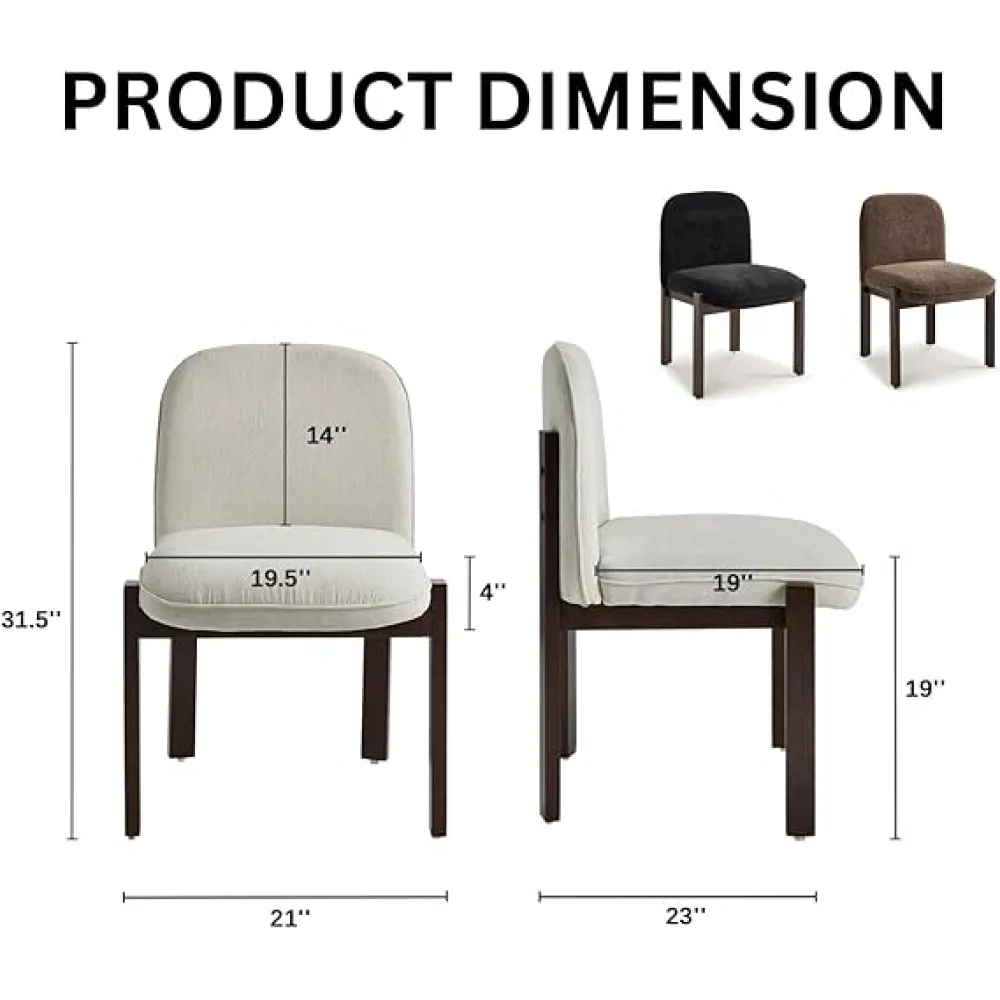 Farmhouse Wooden Dining Chairs Set of 2, Modern Upholstered Fabric Kitchen & Dining Room Chairs, Comfy Walnut Accent Side Reading Armless Chair with Foot Pegs, Beige