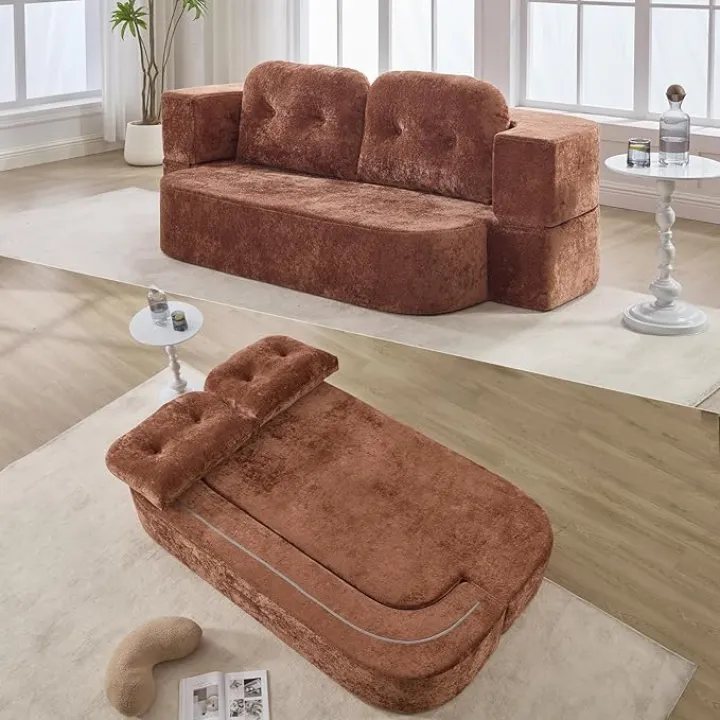 2-in-1 Convertible Sofa Bed, 78" Boneless Folding Tufted Floor Loveseat Couch with Pillows, Full Size Foam Mattress Sleeper for Apartment, Living Room, Guest Use, No Assembly Required, Orange